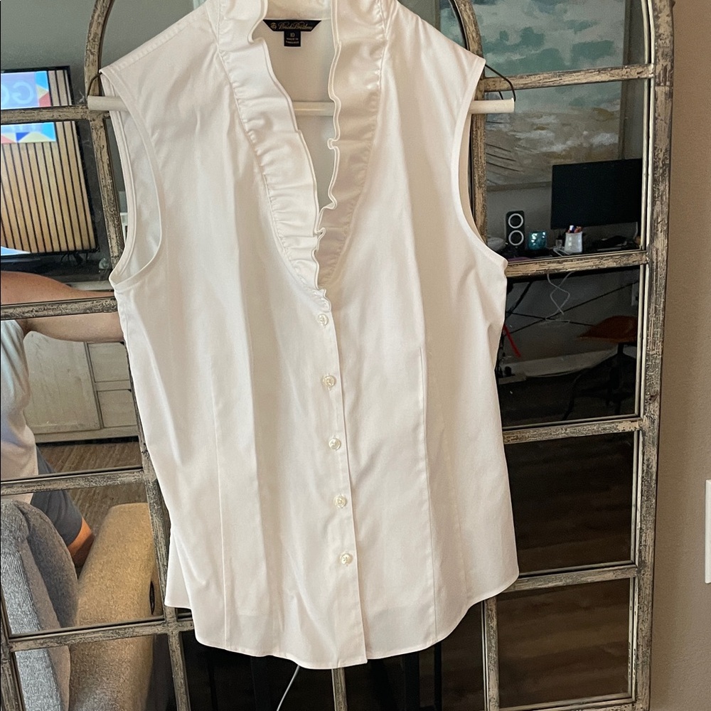 Brooks Brothers White Ruffle Front Blouse